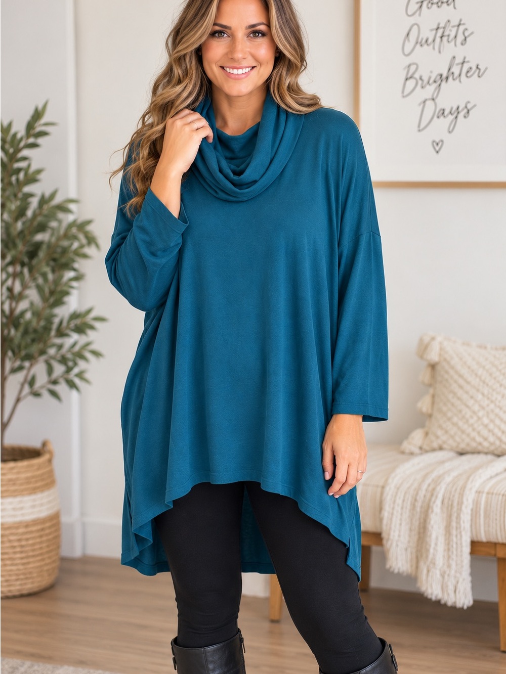 ZenanaCowl Neck Teal Women's Tunic Sweater boho lagenlook cozy casual oversized